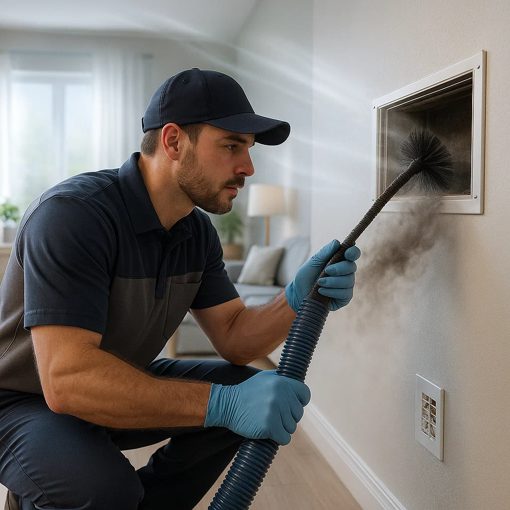Channelview TX air duct technician removing dust and odors with deep cleaning equipment.