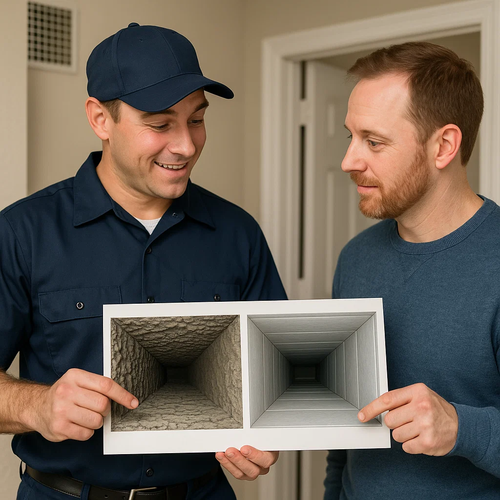 Channelview TX air duct cleaning technician showing before-and-after duct results to homeowner